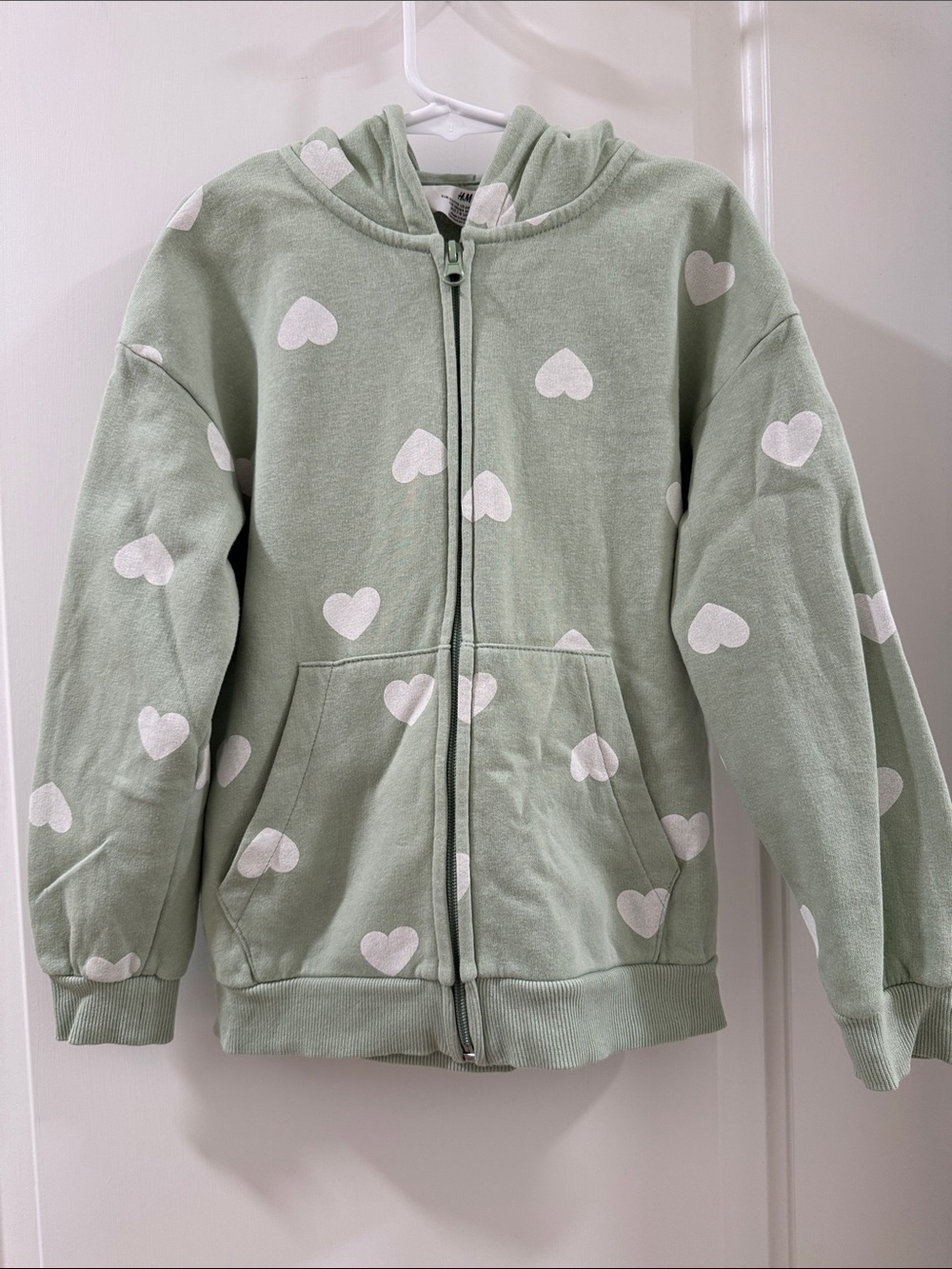 H&M Light Sage Green Hoodie with White Heart Print